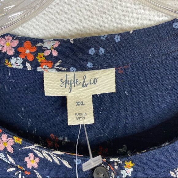 Style & Co Top Women’s Blue Floral Long Sleeve Henley Casual Crew Neck XXL - Picture 9 of 10